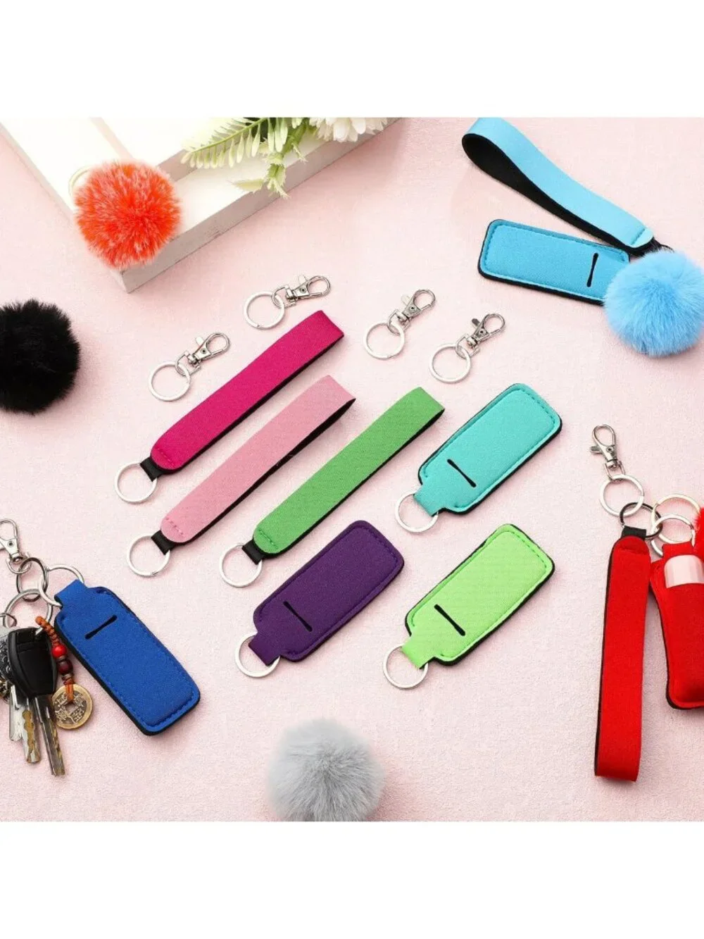Colorful Lipstick Holder Keychains Set - 20 Poms with Wristlet & Metal Rings
